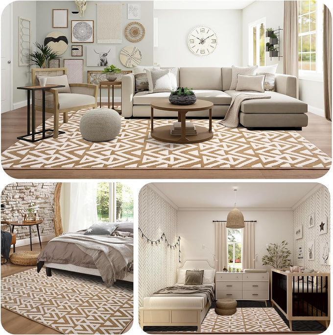 Ompaa Ultra Soft Shaggy Rugs Memory Foam Bedroom Carpet, Beige 7 x 10 Feet Large, Plush Geometric Textured Area Rugs for Living Room Couch Dorm Bedside Kids Girls Teens Room Nursery Decor Floor Mat