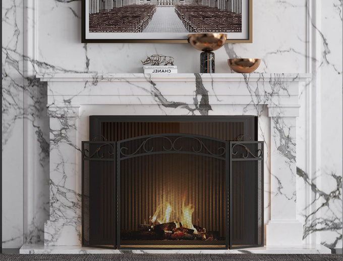 Fire Beauty 3 Panel Wrought Iron Fireplace Screen, Black Spark Guard