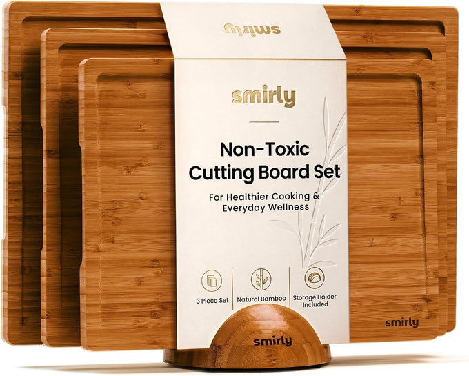 SMIRLY Cutting Boards for Kitchen, 3 Piece Bamboo Cutting Board with Stand