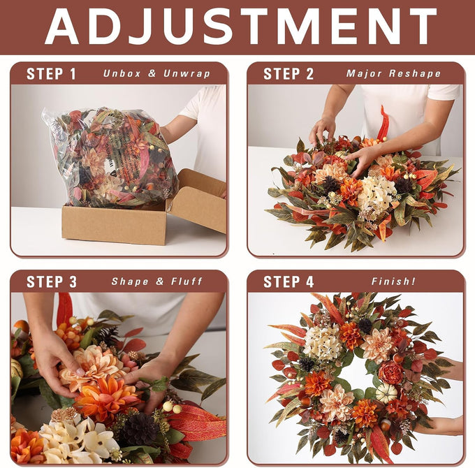 24"Artificial Silk Hydrangea Flower Dahlia Fall Wreath for Front Door Decor
