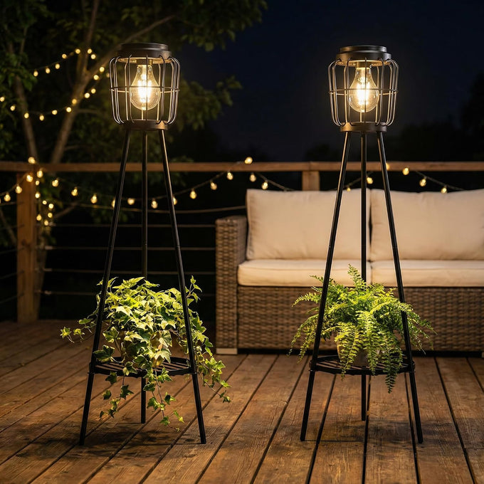 VISFLAIR 2 Pack Solar Lights with Plant Stand, Outdoor Floor Lamp, Waterproof Solar LED Edison Bulb Floor Lamps for Patio Porch Deck Yard Garden Decor