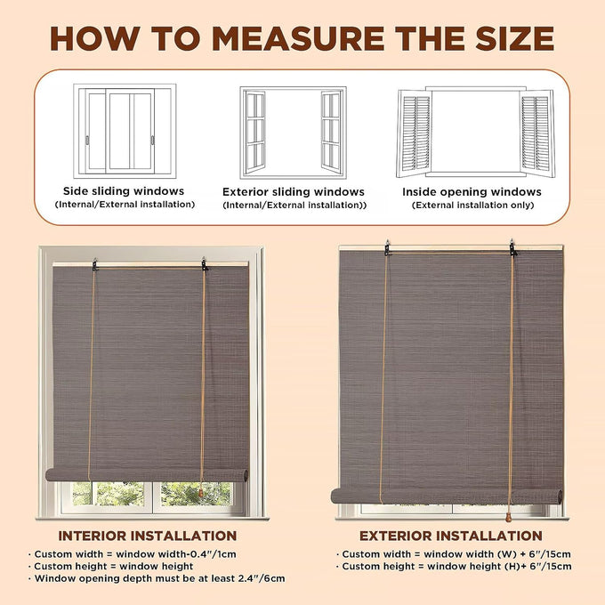 Bamboo Blinds for Interior Windows, 48"W X 63"H Bamboo Roller Shades Indoor