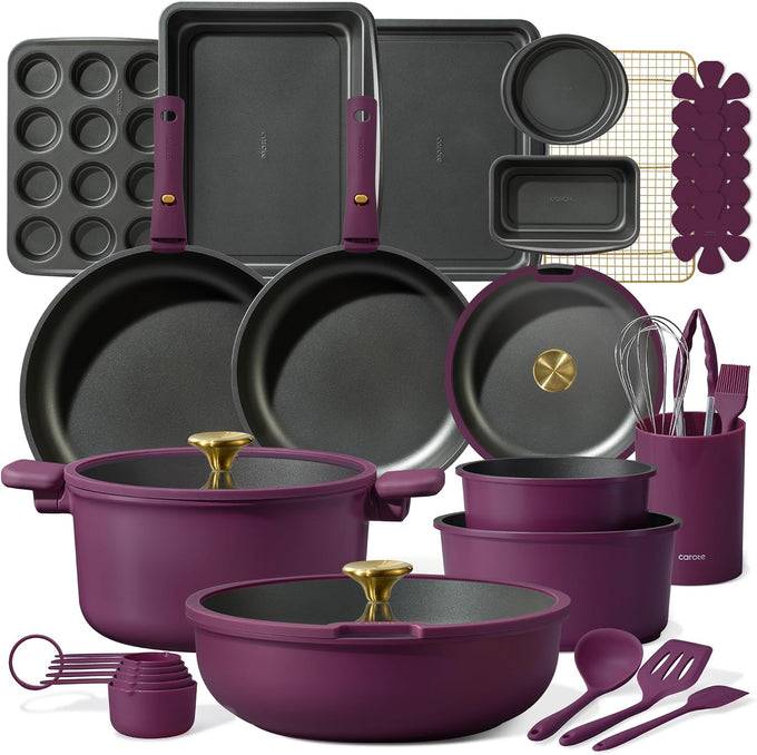 CAROTE 21pcs Pots and Pans Set Non Stick, Detachable Handle Cookware Sets