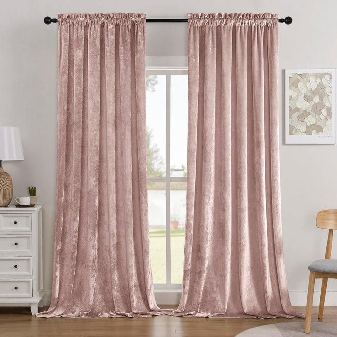 SMILETIME Pink Crushed Velvet Curtains 52x108inch Rod Pocket-2P