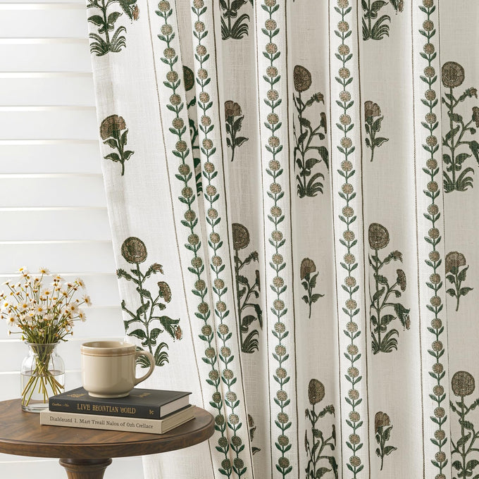 Floral Pinch Pleated Linen Curtains,Blue & Beige White,40" W x 96" L