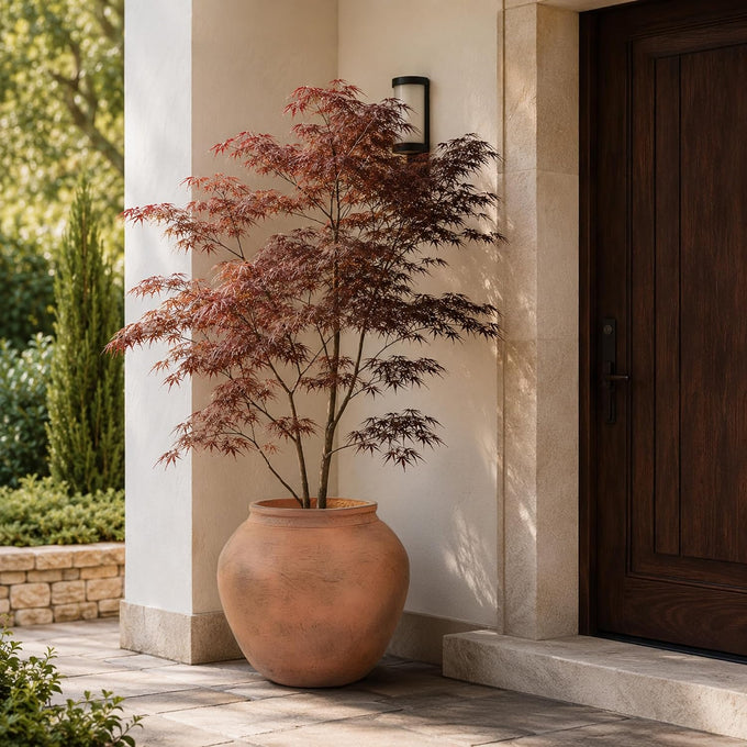 14" H x 17" Dia Distressed Terracotta Fiberstone Planter with Drainage Hole, Lightweight Flower Pot for Olive Trees & Houseplants, Indoor Outdoor Patio, Porch, Garden & Entryway Décor
