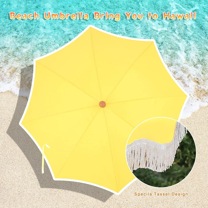 7ft Patio Beach Umbrella with Fringe, Outdoor Umbrella for Poolside, Yellow