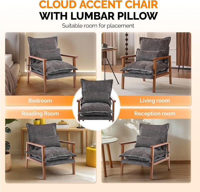 VINGLI Mid-Century Modern Cloud Accent Armchair with Lumbar Pillow, 6.3'' Thick Seat Cushion Comfortable Reading Chair with Wooden Armrests，Boho Lounge Chair for Bedroom, Living Room, Chenille, Grey