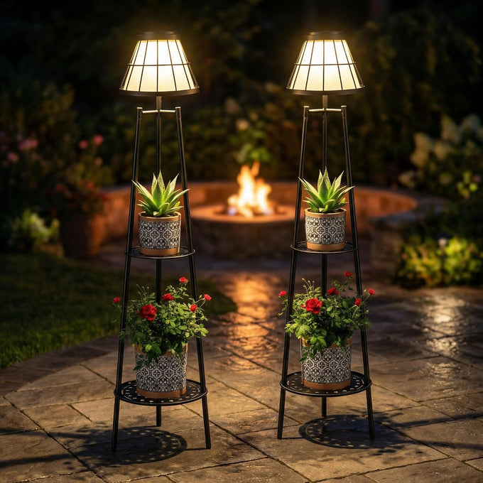 2 Pack Solar Lights with Plant Stands, 45.4'' Waterproof Outdoor Metal Solar Floor Lamps for Patio Deck Yard Pathway Porch Garden
