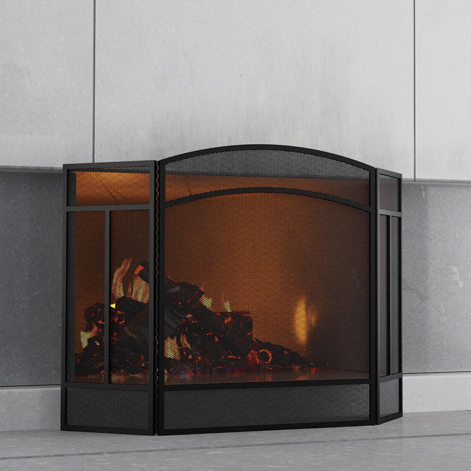 Fire Beauty 3 Panel Wrought Iron Fireplace Screen Spark Guard Cover(Black)