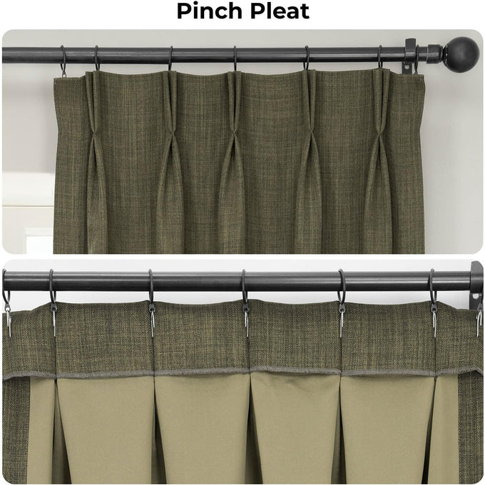 Faux Linen Pleated Curtains for Bedroom (1 Panel) - 25W x 84L, Khaki Green