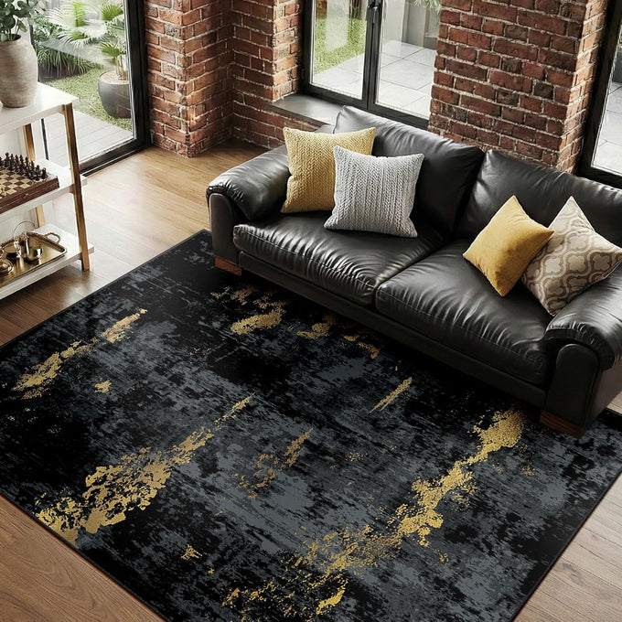 RELEANY Washable 8'x10' Abstract Area Rug for Living Room Black Gold