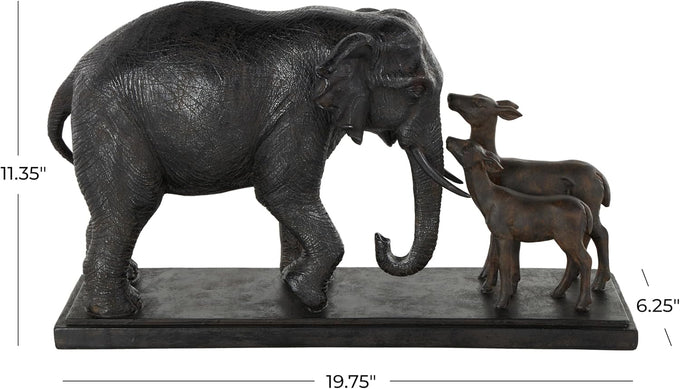 Deco 79 Resin Elephant Decorative Sculpture Walking Home Decor Statue with Dark Brown Deer, Accent Figurine 20" x 6" x 11", Black