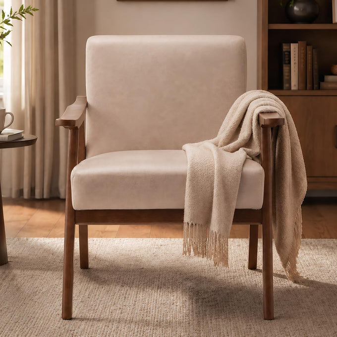 Anwick Mid-Century Accent Chair,Modern Living Room Chairs with Solid Wood Frame,Comfy Velvet Armchair Lounge Reading Chairs for Bedroom Office Small Spaces (Beige)
