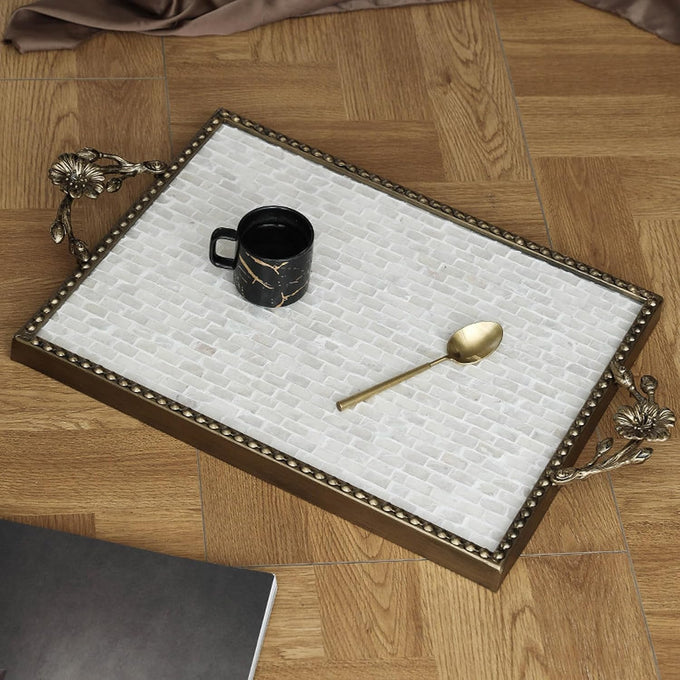 Handcrafted Large Rectangular capiz Shell Inlay Decorative Tray, 20" x 12", Retro Luxurious Metal Frame with Handle Breakfast Tray, Coffee Table, Makeup Table Storage Service Tray (Rectangular)