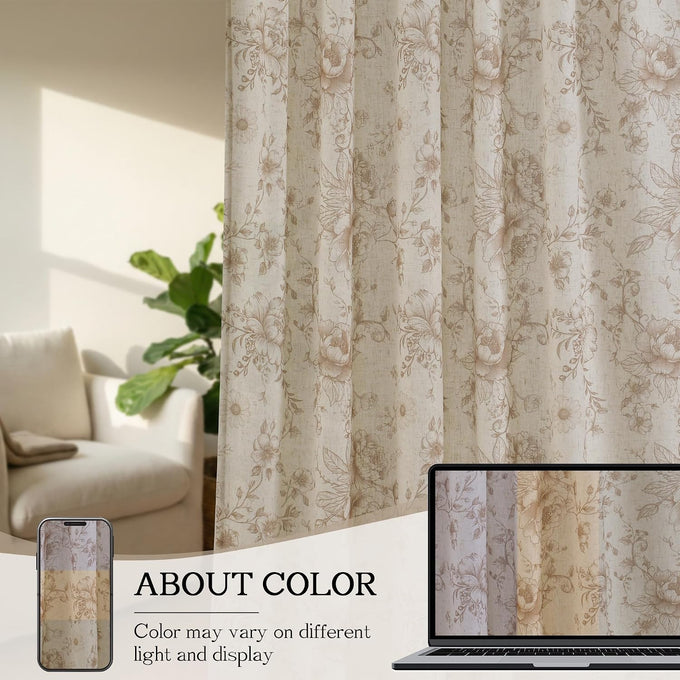 XWZO Floral Curtains for Living Room Linen Farmhouse Curtains 96 Inch Length Taupe Floral Patterned Curtain Peony Flower Printed Back Tab Curtain Bedroom Window Drapes 2 Panels