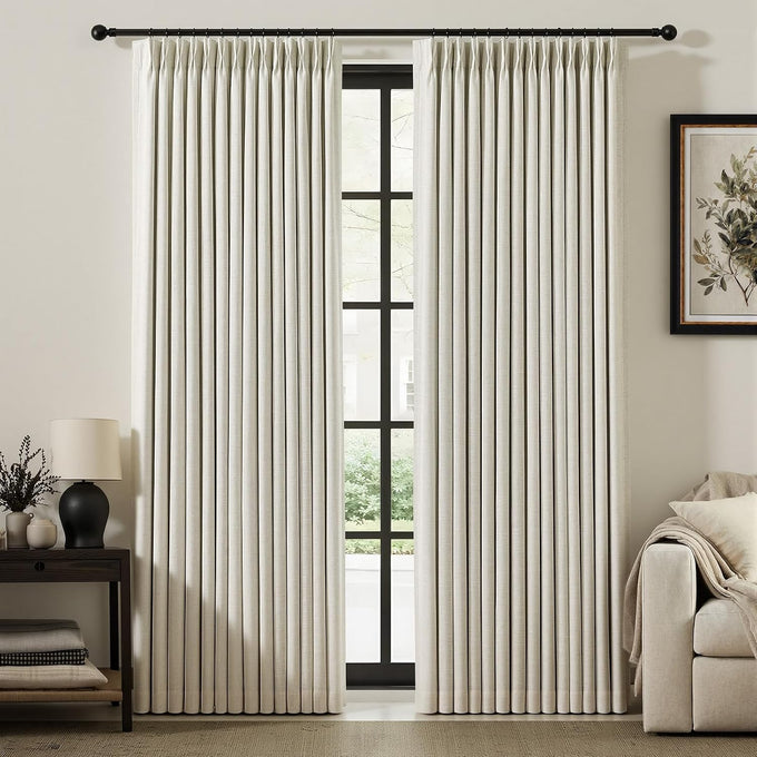 IVAPUPU Natural Pinch Pleated 100% Blackout Linen Curtains 90 Inch Length