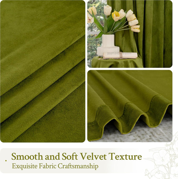 LAMIT Moss Green Vintage Velvet Curtains 108 Inch for Bedroom 2 Panels