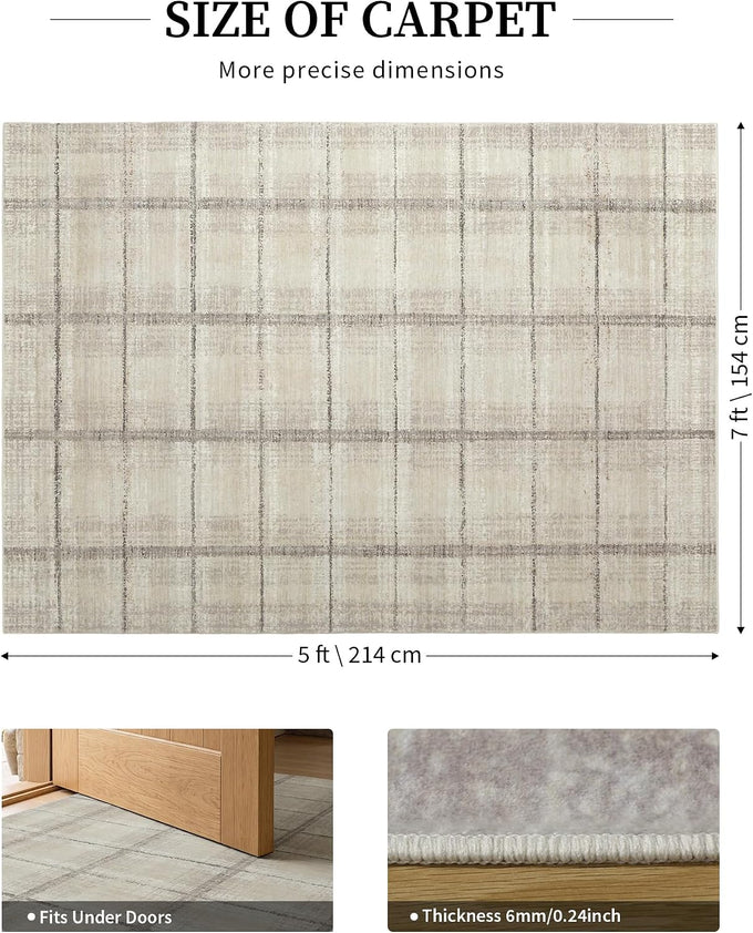 YIHOUSE 5x7 Beige Ivory Distressed Plaid Area Rug for Living Room