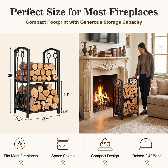 FEED GARDEN 29" Firewood Rack with 4-Piece Fireplace Tools, Indoor Outdoor