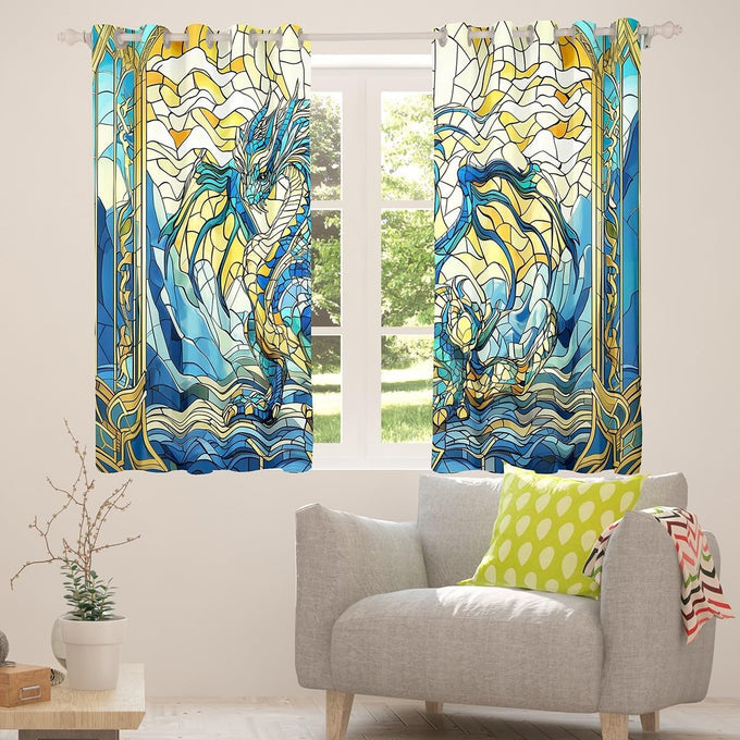 Western Dragon Kids Blackout Curtains,Glass Dragon Flying Wing Trippy Window Drapes for Boys Girls,Geometric Patchwork Abstract Blue Unique Window Treatments Grommet Top 2 Panel Set,52Wx96L inch