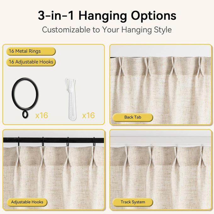 Liz Sheer Pinch Pleated Linen Curtains 95 Inches Long - Light Filtering Pleat Curtains for Living Room,Window Curtains for Bedroom, Luxury Pinch Pleated Drapes with Hooks, Natural, 2 Panels Set