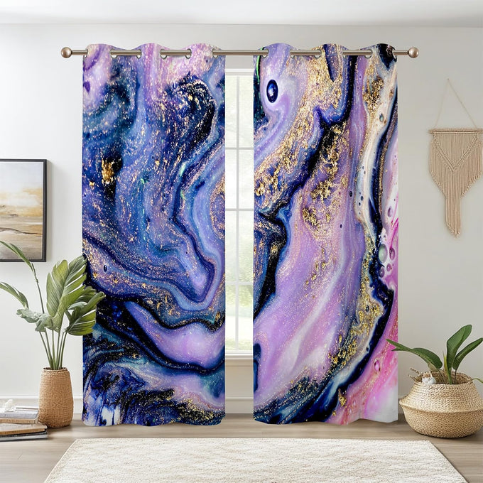 Grey Black Gold Ink Marble Blackout Window Curtains 2 Panels 84" L x 53" W
