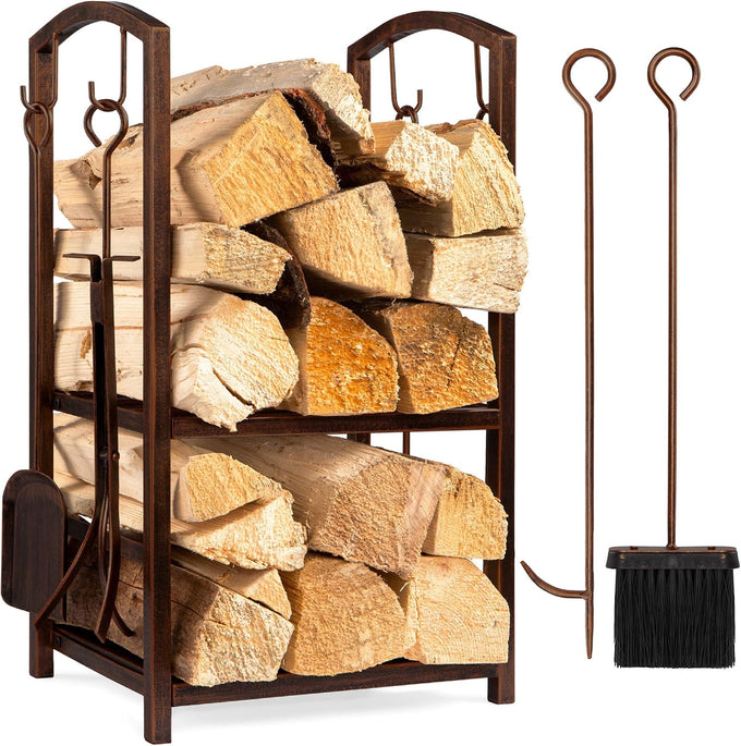 Best Choice Products 5-Piece Indoor Outdoor Wrought Iron Firewood Log Storage Rack Holder Firepit Tools Set for Fireplace, Fire Pit, Stove w/Hook, Broom, Shovel, Tongs - Black