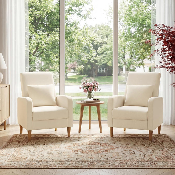 COLAMY Mid-Century Modern Accent Chair, Fabric Upholstered Living Room Chair with Back Pillow & Solid Wood Legs, Comfy Armchair for Living Room, Bedroom, Single Sofa, Beige