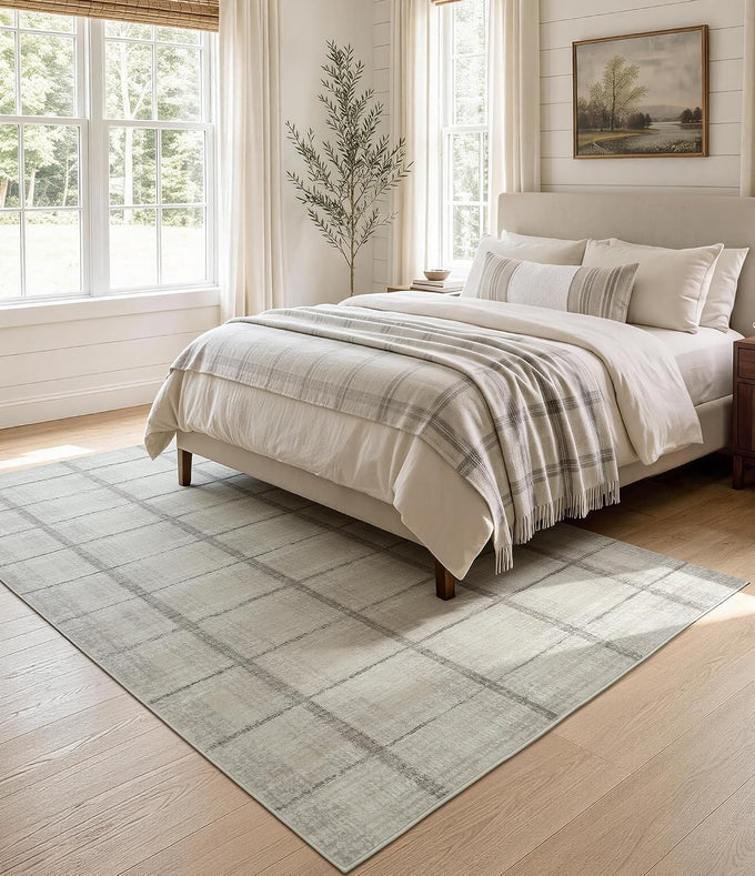 YIHOUSE 5x7 Beige Ivory Distressed Plaid Area Rug for Living Room