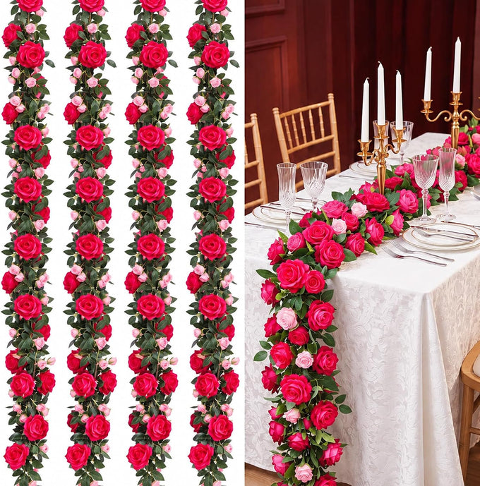 4 Pcs 24Ft Faux Rose Vine Garland Wedding Decor,Red，Orange