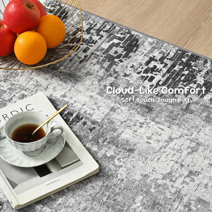3x12 Grey Rug Runners for Hallways Kitchen Runner Rug Non Slip Washable Black Long Runner Rugs with Rubber Backing Soft Abstract Carpet Runner for Bedroom, Kitchen, Bathroom, Entryway