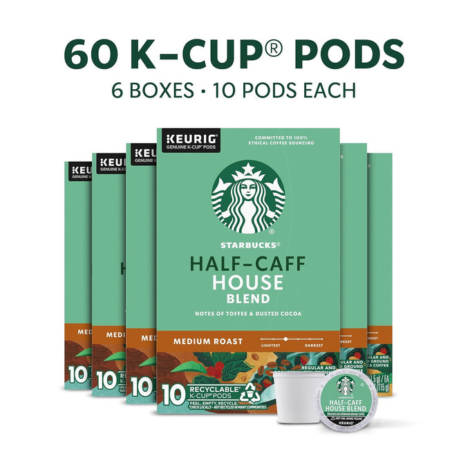 Starbucks K-Cup Coffee Pods, Half-Caff House Blend, 6 Boxes 60 Count