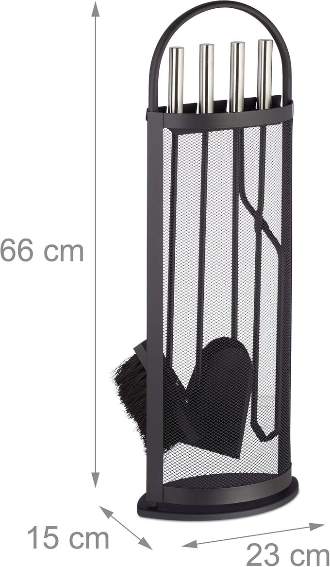 Relaxdays 5-Piece Fireplace Companion Set Cast Iron Utility Accessories, Modern, Stand, Tongs, Shovel, Poker and Broom, Grey, 15 x 23 x 66 cm
