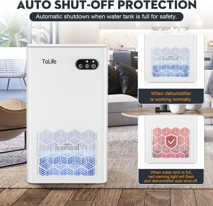 ToLife Dehumidifier for Home Bedroom 1000 sq.ft with Auto Shut-Off, White