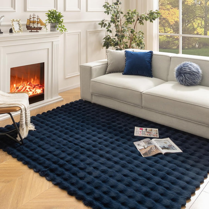 Ashler Faux Rabbit Fur Rug, White 5x7 FT Fluffy Soft Runner Area Rugs, Rectangle Fuzzy Carpet for Living Room, Bedroom, Machine Washable - 3D Bubble Mat