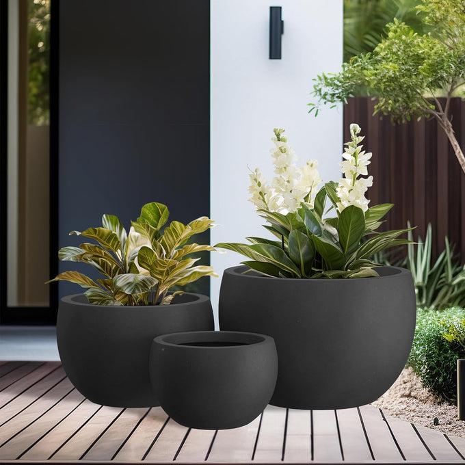 Kante Set of 3 Black Concrete Bowl Planters 20" 15.7" 11.8" Dia