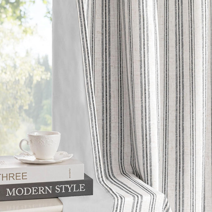 MYSKY HOME Taupe Striped Linen Curtains 100% Blackout 52Wx84L,2 Panels