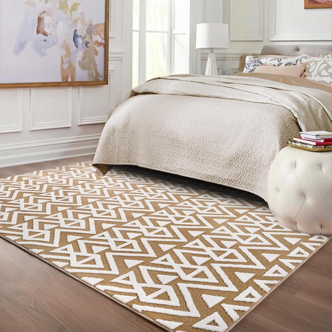 Ompaa Ultra Soft Shaggy Rugs Memory Foam Bedroom Carpet, Beige 7 x 10 Feet Large, Plush Geometric Textured Area Rugs for Living Room Couch Dorm Bedside Kids Girls Teens Room Nursery Decor Floor Mat
