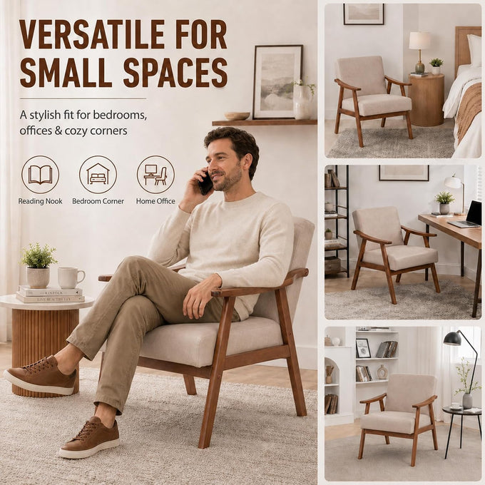 Anwick Mid-Century Accent Chair,Modern Living Room Chairs with Solid Wood Frame,Comfy Velvet Armchair Lounge Reading Chairs for Bedroom Office Small Spaces (Beige)