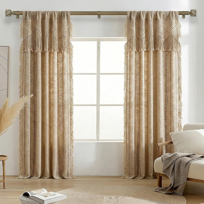2 Pack Boho Wood Curtain Rods for Windows 32 to 150 Inch, 1" Adjustable Heavy Duty Curtain Rod with Imitation Wooden Grain Leaf Finials, Rustic Decorative Drapery Rods, Size 32"-150", Weathered Wood