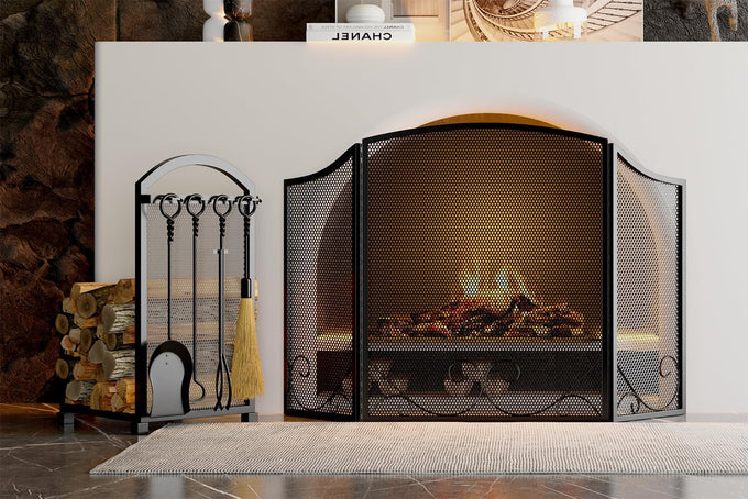 Lizh Metalwork Fireplace Log Holder with Fireplace Tools, Wrought Iron Indoor Stove Accessories Firewood Rack Holder Lumber Storage Stacking Log Holder Log Bin with Tongs Shovel Poker and Brush