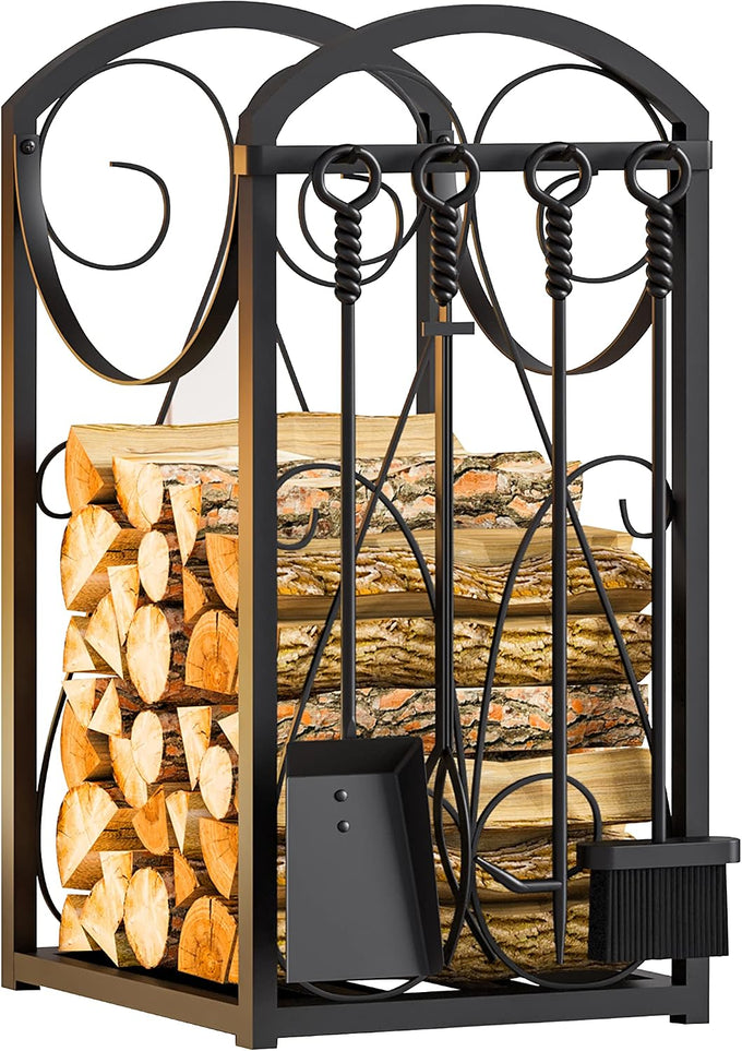 Kingson Firewood Rack Indoor Wood Holders Fireplace Tool Rack Outdoor Log Holder Rack Lumber Storage Stacking Fireplace Tools Set Wood Stove Accessories Black