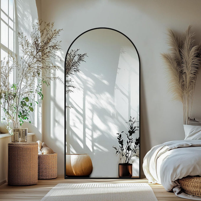 Delma Arched Full Length Mirror with Stand, Black Floor Mirror