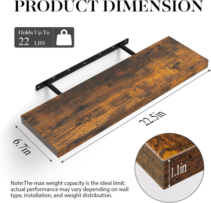 BAYKA Rustic Brown Floating Shelves 22.5in, Set of 2, Wall Mount Wood Shelf