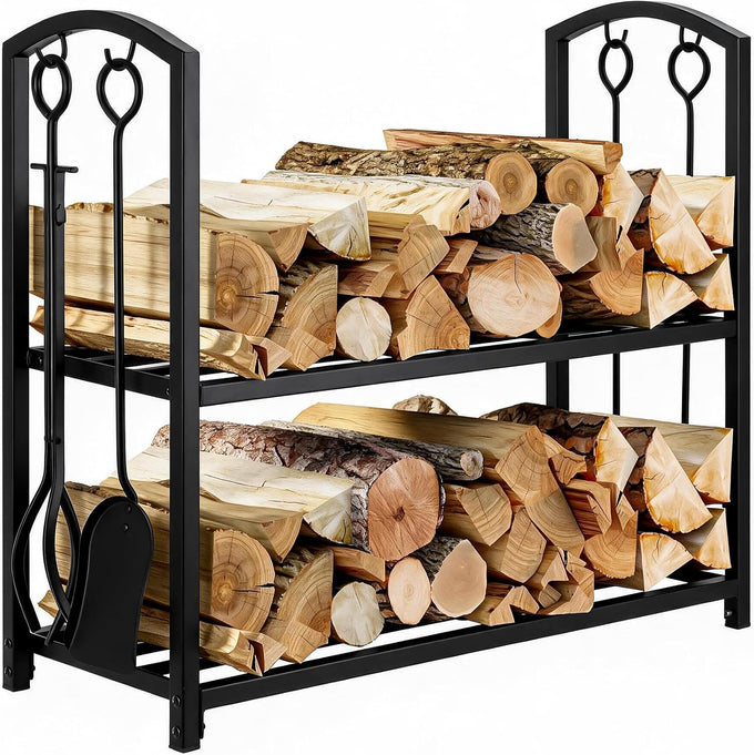 FEED GARDEN 29" Firewood Rack with 4-Piece Fireplace Tools, Indoor Outdoor