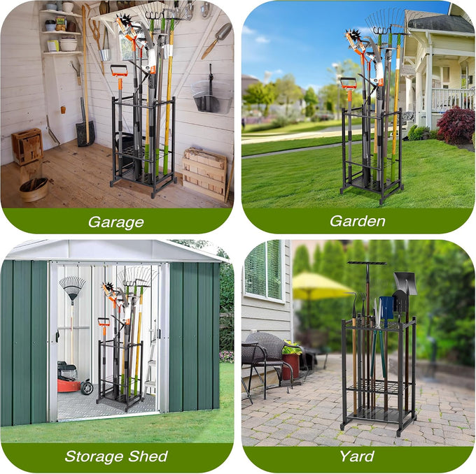 Garden Tool Organizer, Garage Tool Organizer & Garage Organization, Heavy Duty Steel Tool Storage Rack Holds 35 Rakes, Brooms Tools, Broom Holder and Mop Holder, Shed Organizer for Home Organization
