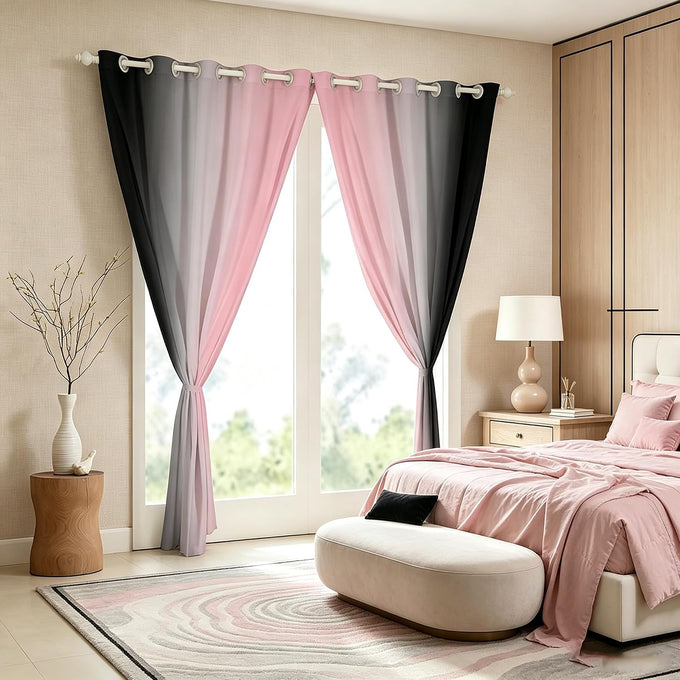 jejeloiu Pink Darkening Drapes (2 Panels, 52 x 96 Inch) Ombre Black Curtains for Bedroom Living Room for Kids Decor Gradient Style Blackout Curtains Abstract Window Treatments
