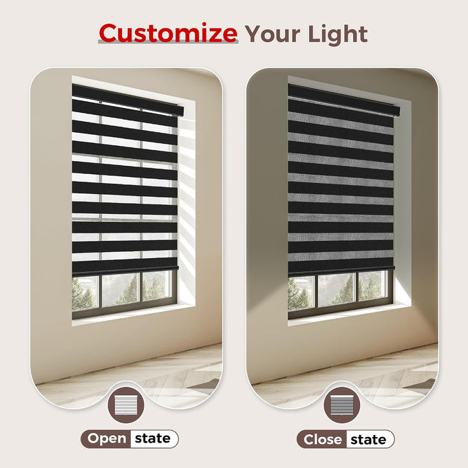 Allesin zen Cordless Zebra Blinds 46" W x 48" H Black, Dual Layer Day and Night Shades, Room Darkening Blackout & UV Protection, Child & Pet Safe, Easy Install, Home Office Window Treatment