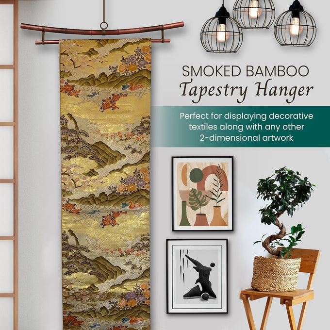 Sea of Trees Japan Smoked Bamboo Tapestry Holder – Rug Wall Hanger, Tapestry Wall Hanger, Obi Textile Hanger | Zen Pagoda Design | Fits 19”, 23”, 30”, 36” | Handmade Japanese Ikat & Kimono Display (fits 36 inch)